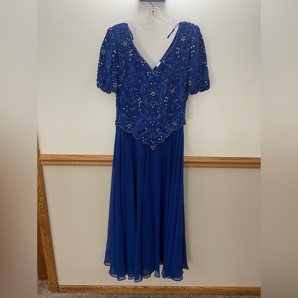 EUC Scala Vintage 90s Beaded Chiffon Royal Blue Maxi Dress Size Medium - Picture 1 of 8